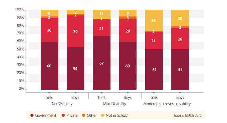 Type of school attended by disability and gender